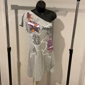 Y2K DKNY graphic print off the shoulder dress